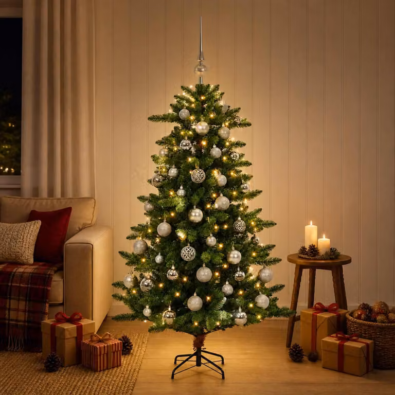 Albero di Natale artificiale con decorazioni, altezza 150 cm, 150 luci a LED