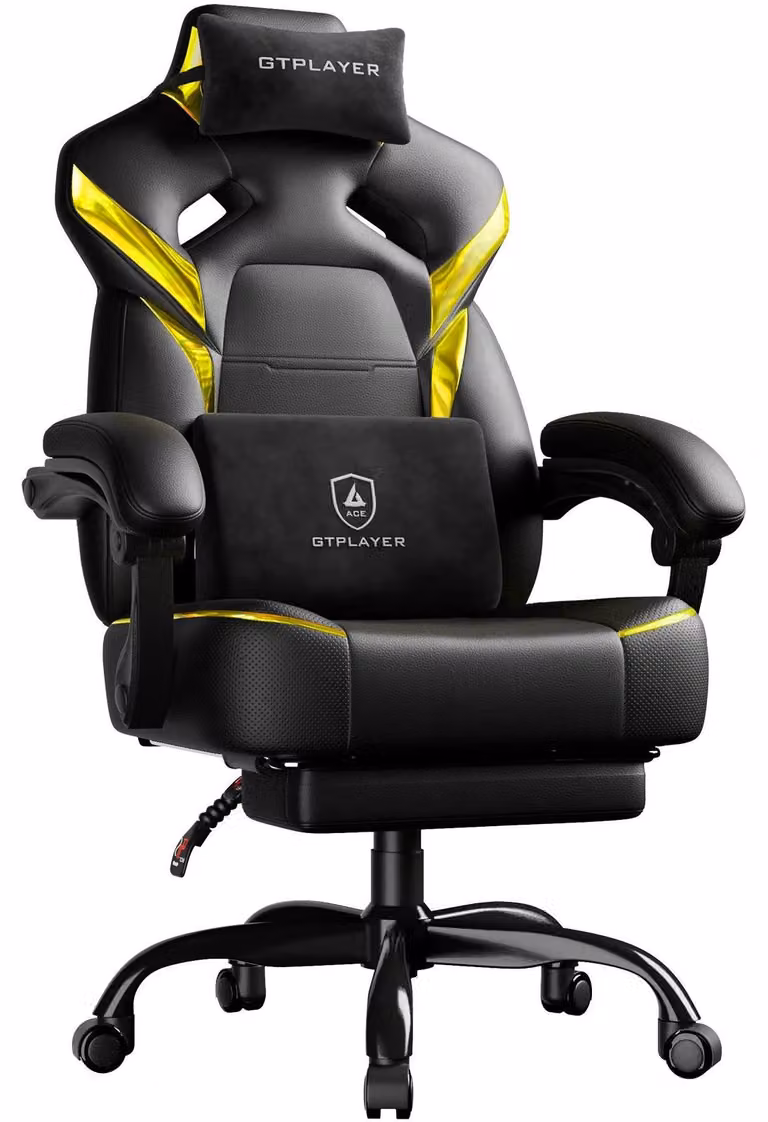 Sedia da gaming con poggiapiedi - Sedia da ufficio ergonomica - Portata massima di 200 kg - Regolabile in altezza - Girevole - Cuscini lombari e per la testa - Rivestita in ecopelle - Colore oro