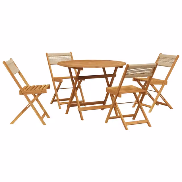 Set da pranzo da giardino moderno con tavolo rotondo pieghevole e 5 sedie in legno di acacia e polipropilene beige