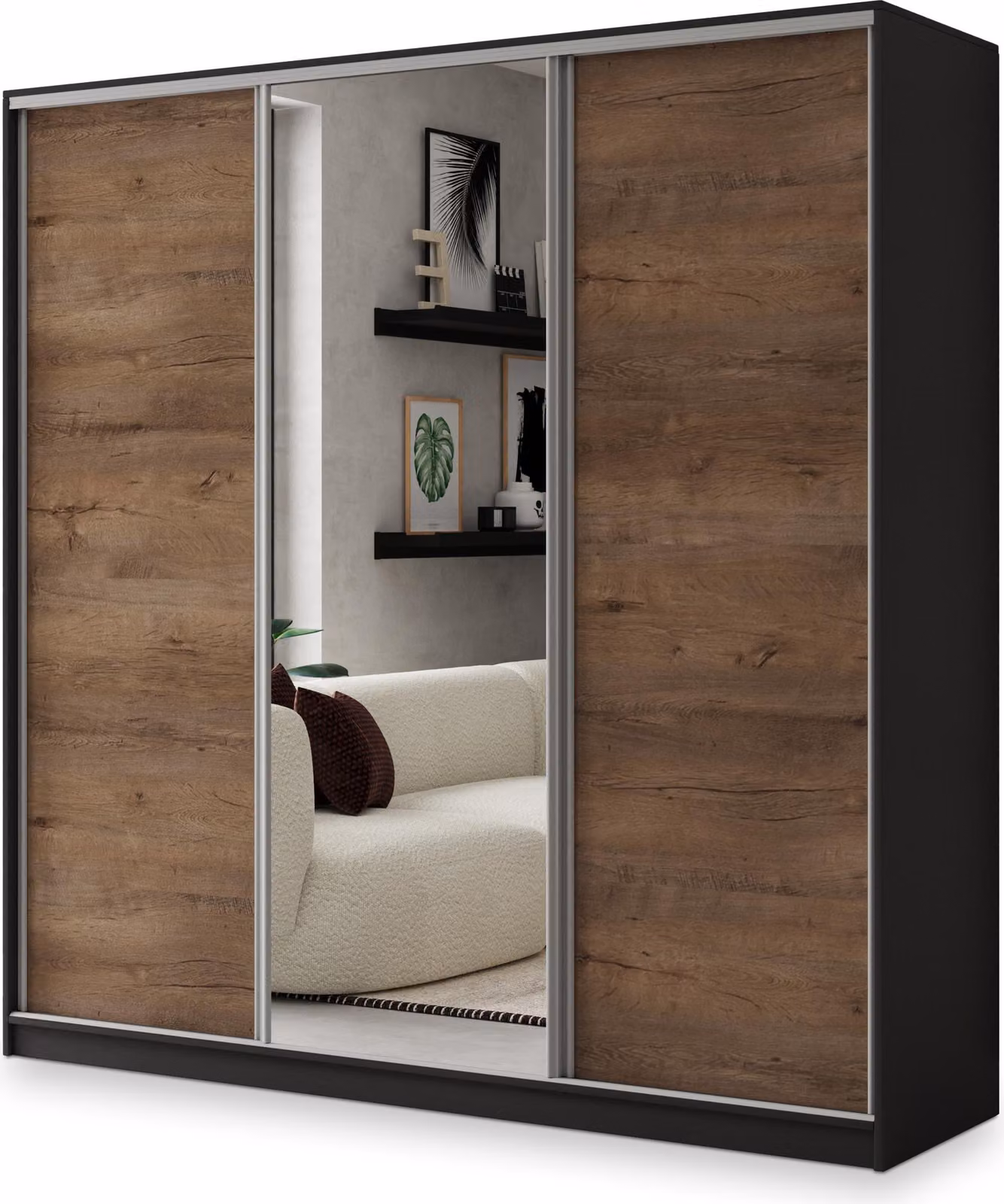 Armadio scorrevole Masseno SORE 180/205/58 cm Armadio con 4 cassetti Armadio per camera da letto a 3 ante con specchio Nero / Rovere Lefkas