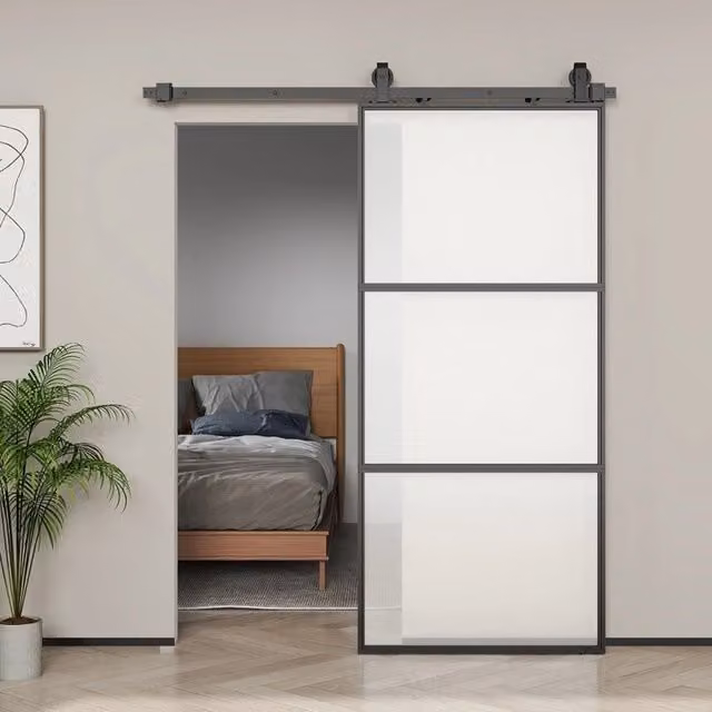 Porta scorrevole moderna in vetro e acciaio con chiusura ammortizzata, disponibile in bianco o nero, H: 190 cm, L: 79 cm, P: 32,5 cm