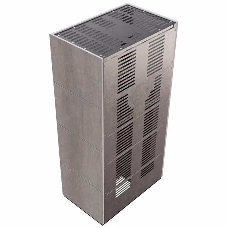 Kit camino KRATKI FLOKI BOX 8 kW Ø 160 Quarzo sinterizzato NATURALI PIETRA DI SAVOIA GRIGIA BOCCIARDATA rivestimento nero