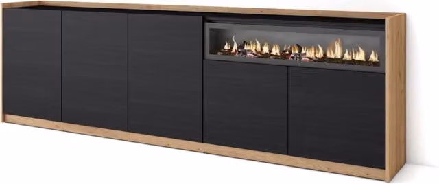 Credenza, Mobile, Cucina, 260x80x37 cm, 5 Porte, Camino elettrico, Nero e rovere
