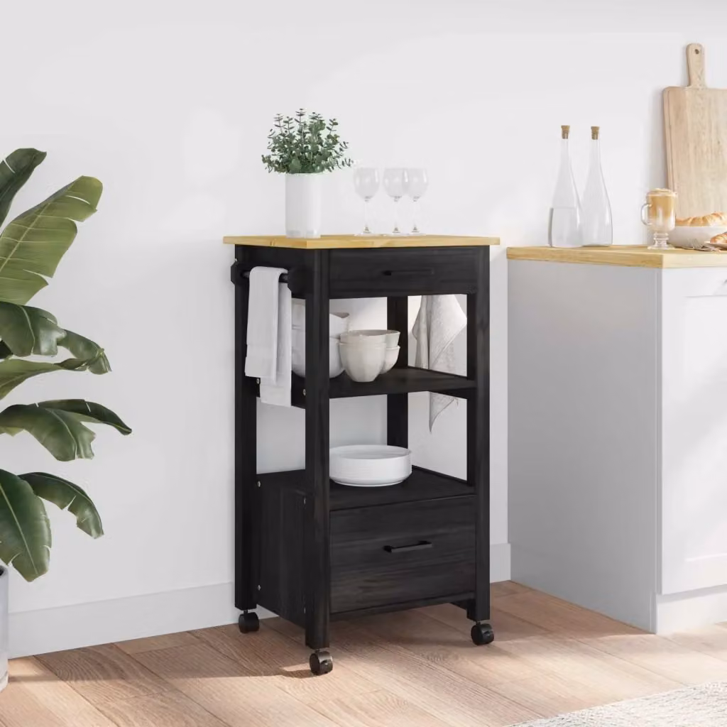Carrello da cucina moderno MONZA nero con ripiani in legno di pino L/P/H: 48 x 40 x 88,5 cm – 2