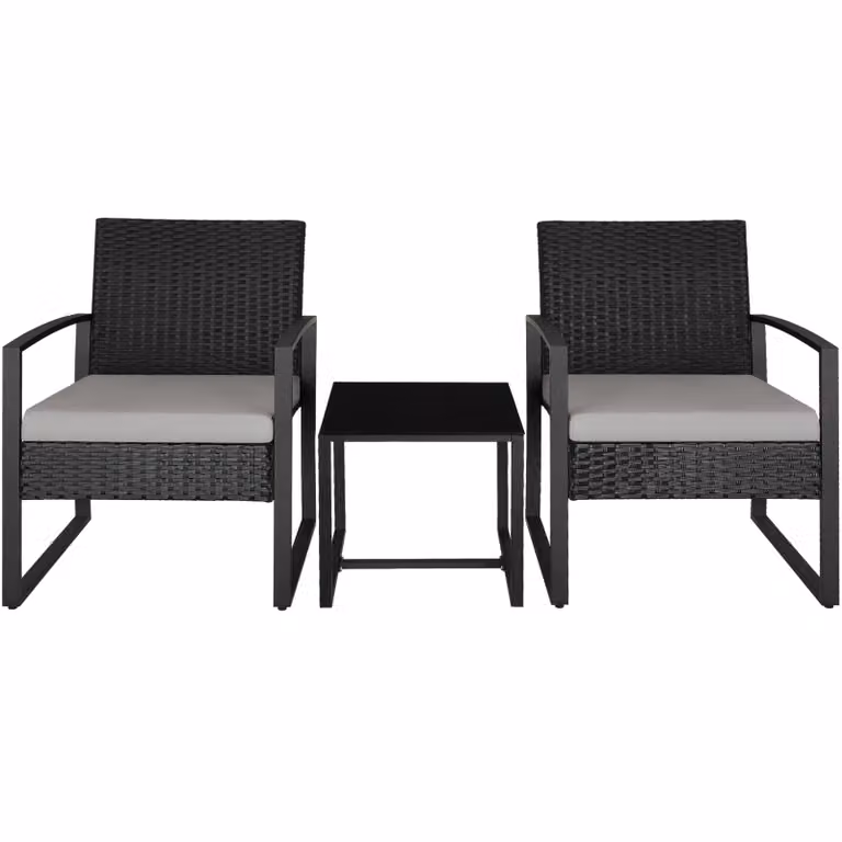 Set da salotto Granada TecTake in rattan con tavolino in vetro per 2 persone, grigio chiaro e nero