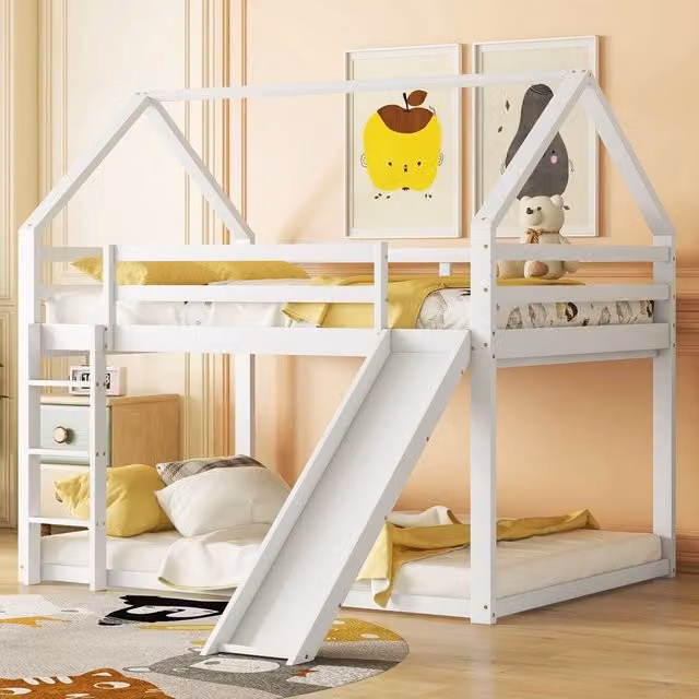 Letto a castello per bambini con scivolo e scala ¨C Minimal ¨C Bianco legno 140x200cm