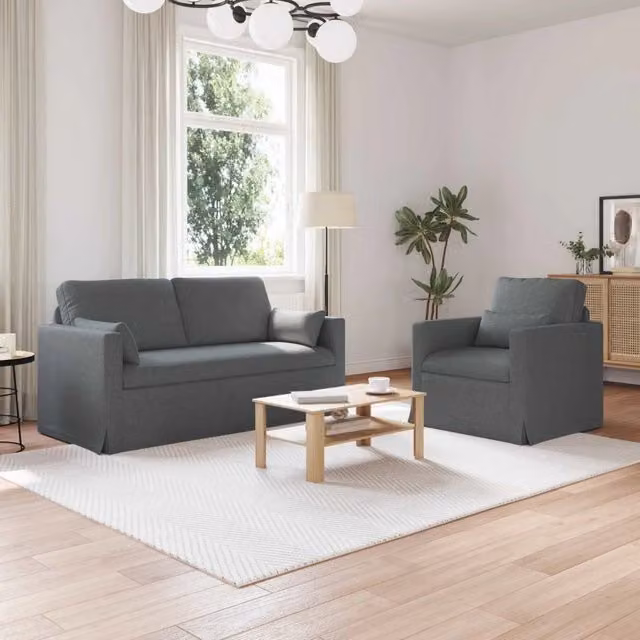 Set di 2 divani moderni vidaXL in tessuto grigio con struttura in metallo e cuscini inclusi – 1
