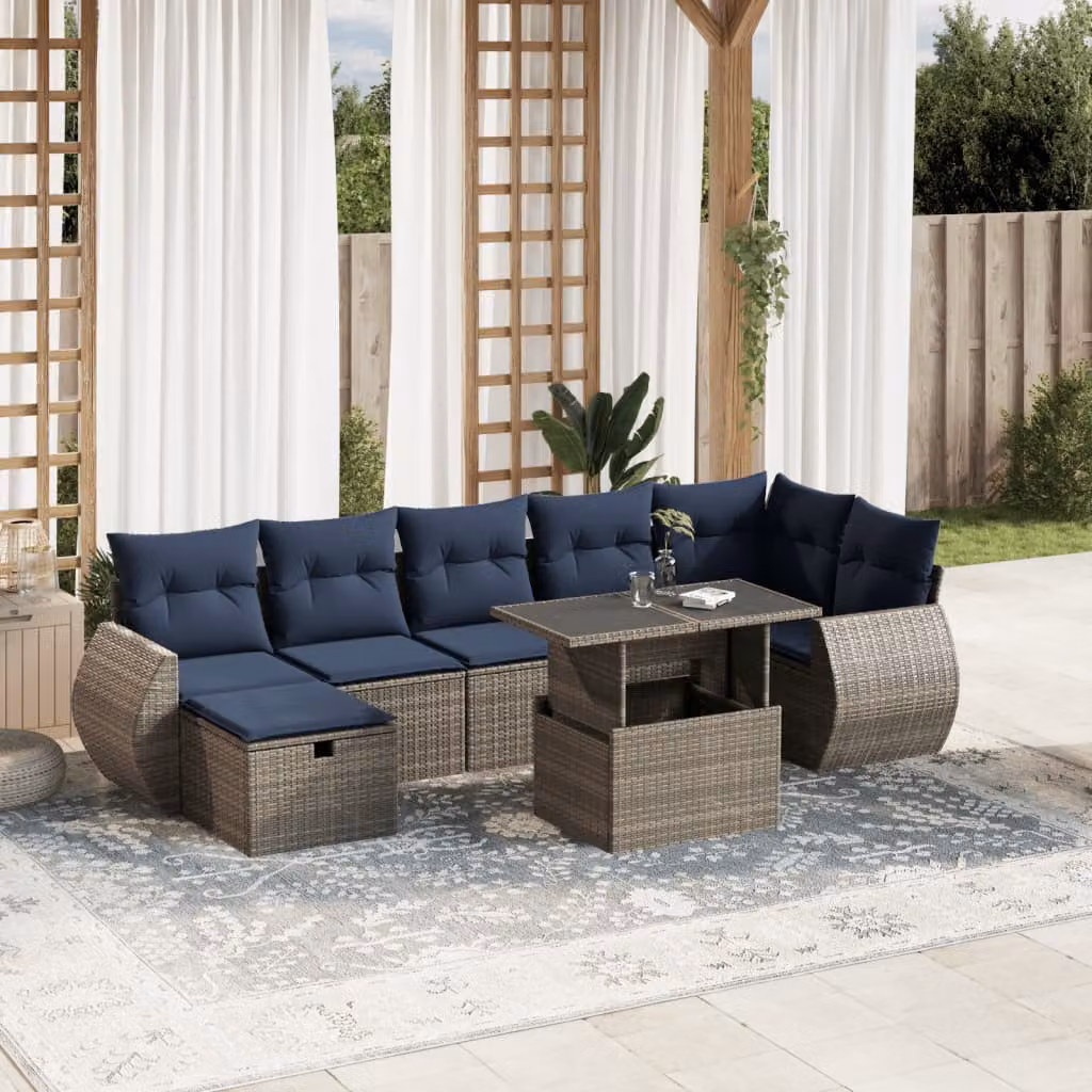 Set da giardino vidaXL in polyrattan da 8 pezzi con cuscini grigi e blu, design moderno a forma di L con tavolino e pouf