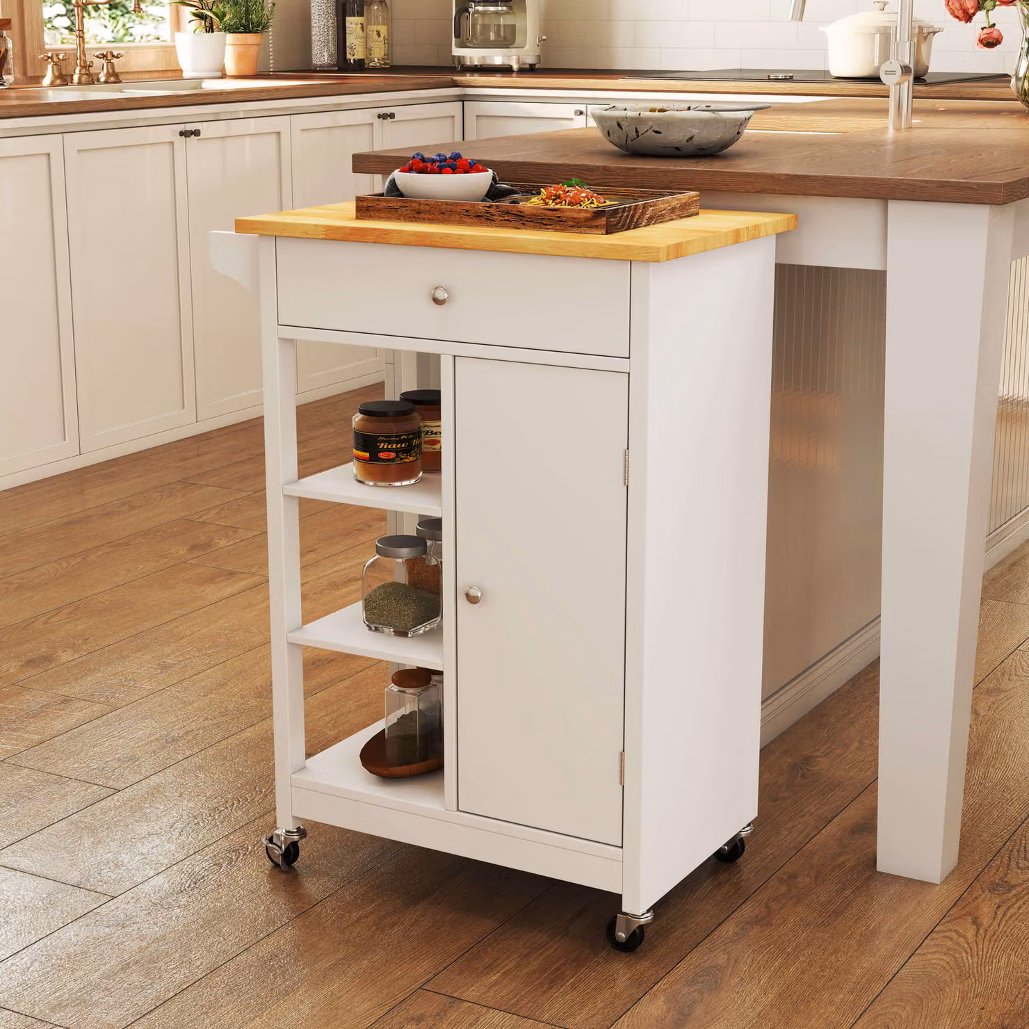 Carrello da cucina Aosom in legno bianco con cassetto, ripiani aperti e ruote multidirezionali L/P/H: 66 x 39,5 x 86,5 cm – 2