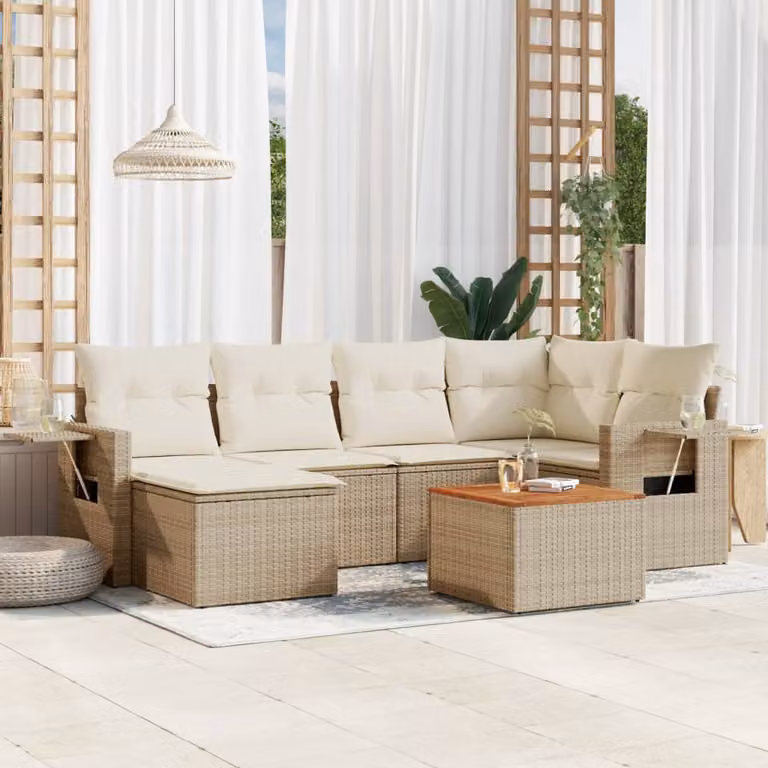 vidaXL Set Divani da Giardino 7 pz in Polyrattan con Cuscini Beige e Tavolino da Esterno