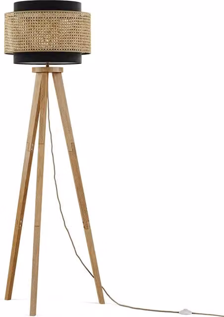 Lampada da terra Morten Vicco nera in legno e rattan, L/P/H: 45 x 45 x 142 cm