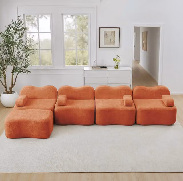 Divano modulare L 384x167x70 cm in velluto arancione, con ottomano, per soggiorni –