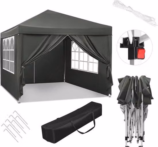 Tenda pieghevole impermeabile 3x3 m con pareti laterali - Ideale per giardino, terrazza, campeggio e festival