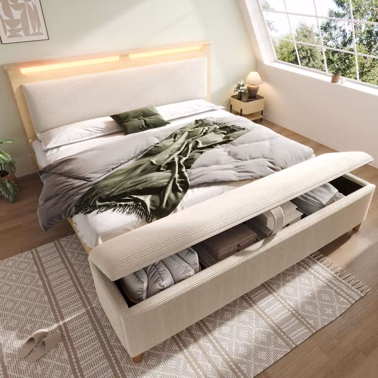 Letto matrimoniale MODFU 180×200cm con schienale panca letto, struttura letto con testiera su LED, letto in legno rovere chiaro, testiera con vano contenitore, senza materasso
