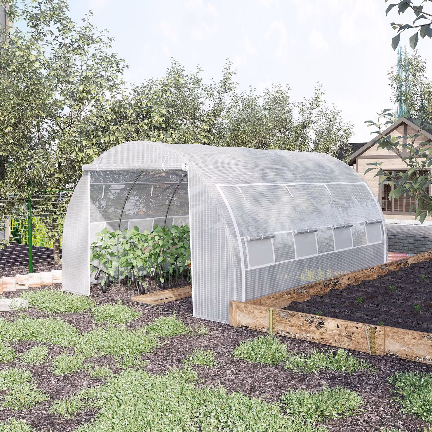 Outsunny Serra a Tunnel con Porta, Pannelli e 8 Finestre Avvolgibili in Acciaio Zincato e PE, Bianco, L 3.97 m x H 3 m x P 2 m – 2