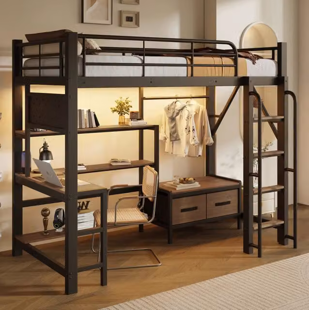 Letto a soppalco 90x200 cm con scrivania; ripiani; LED e USB; nero