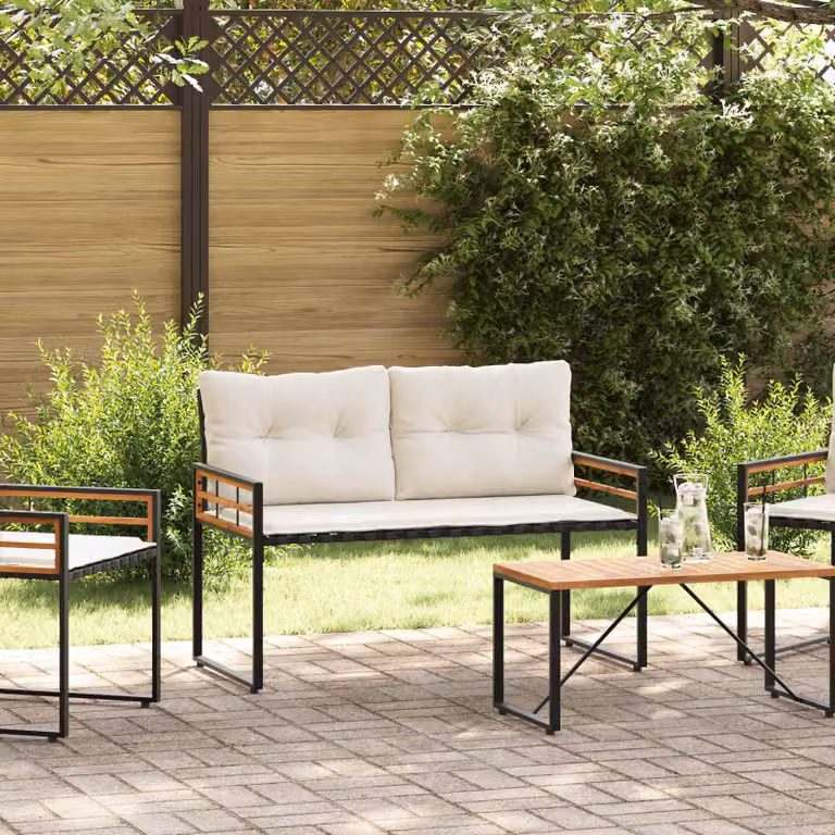 Panchetta moderna vidaXL in legno di acacia e metallo, colore beige/bianco, L: 114 cm, P: 55 cm, H: 77 cm