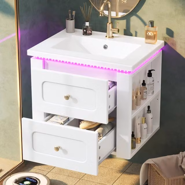 Mobile bagno sospeso 61 cm bianco lucido con lavabo in ceramica, illuminazione LED, cassetti e ripiano laterale regolabile. Rubinetto non incluso