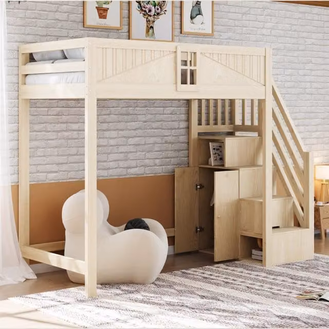 Letto a soppalco MIVRAY in legno massiccio color naturale con scala laterale reversibile e ripiani integrati L/P/H: 200 x 90 x 170 cm