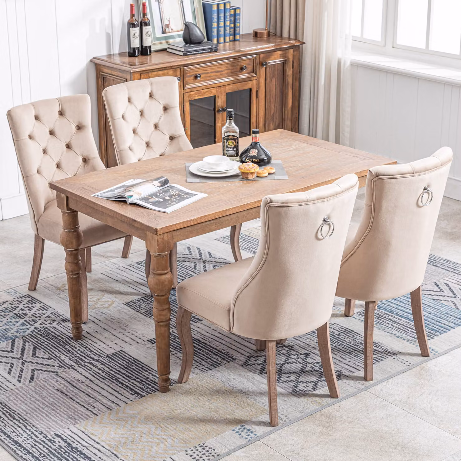 MODFU Sedia da pranzo (set da 4 pezzi) Sedia a quattro gambe, schienale alto, struttura in legno massello, velluto beige