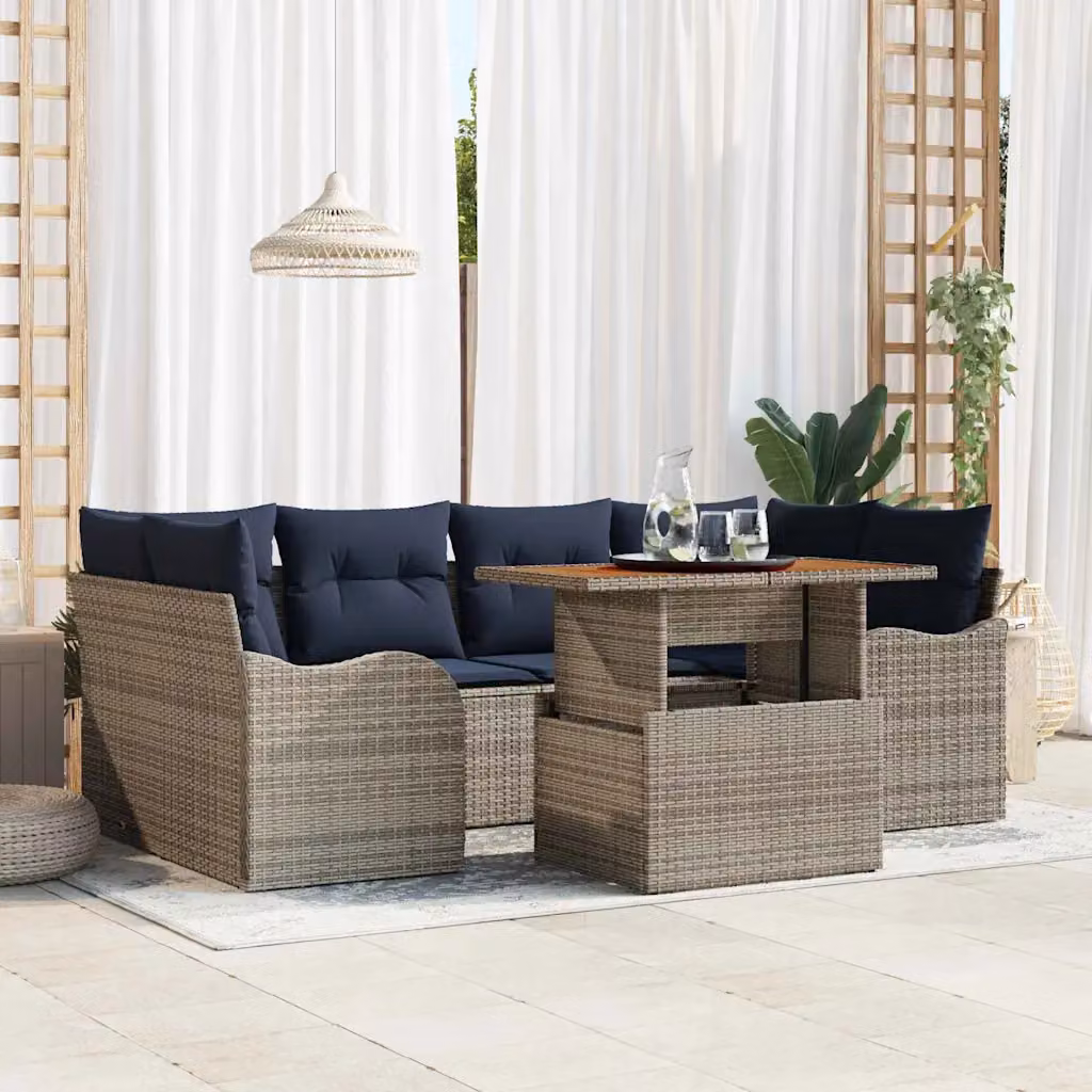 Set Divano da Giardino vidaXL 7 Pezzi a Forma di U in Polyrattan Grigio e Blu con Cuscini e Tavolino