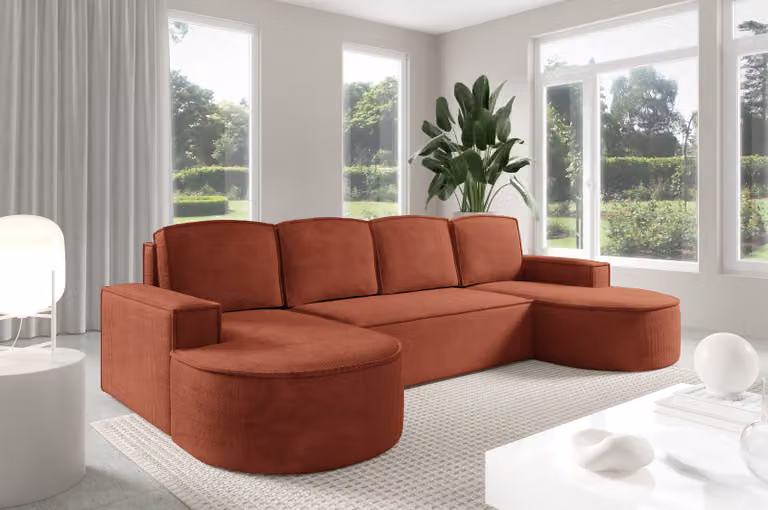 Divano ad angolo GUTTO Molly a forma di U con linee arrotondate, in color crema e velluto verde chiaro: un design arrotondato di tendenza! (con funzione letto)