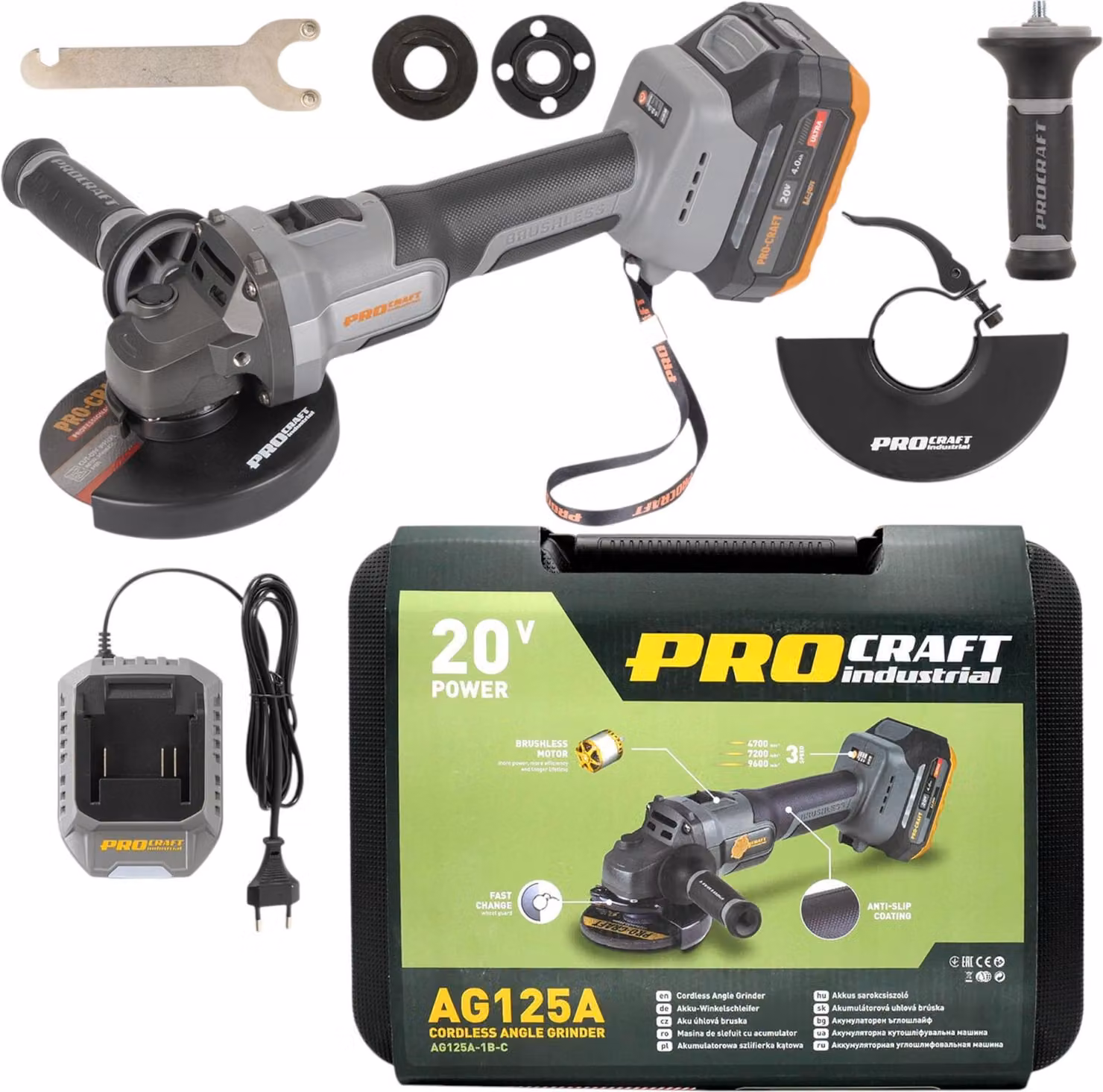 Procraft Industrial AG125A Smerigliatrice angolare a batteria 20 V 125 mm Brushless + 1x batteria 4,0 Ah + caricabatterie + valigetta