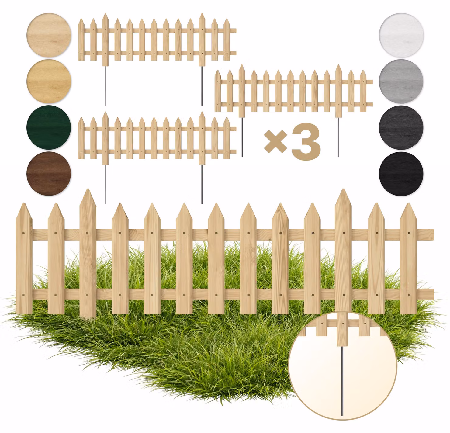 Floranica 3 pz Recinzione da giardino a incastro con pali in metallo per aiuole 100 cm x 20 cm Non trattato