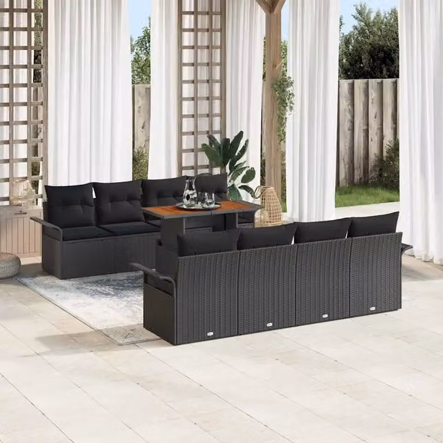 Set Divano da Giardino 9 pz Nero Poly Rattan 3358046