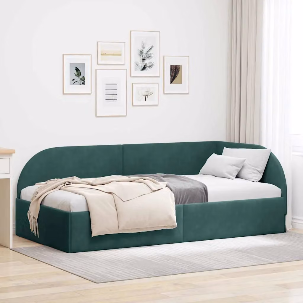 Cornice del letto ad angolo vidaXL in velluto verde con struttura in legno e doghe, 90 x 190 cm