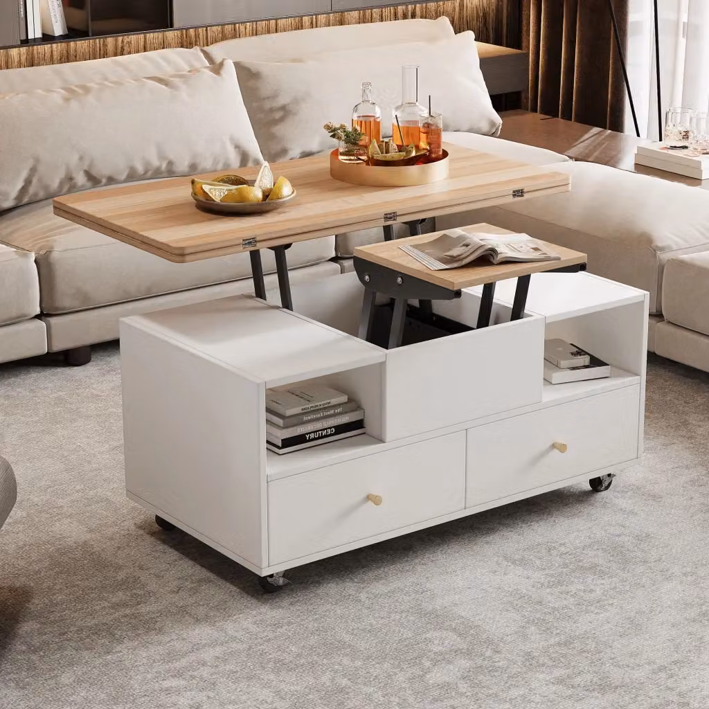 Tavolino alzabile e pieghevole REDOM in MDF con piano regolabile in altezza e ruote, Colore Bianco e Marrone – 2