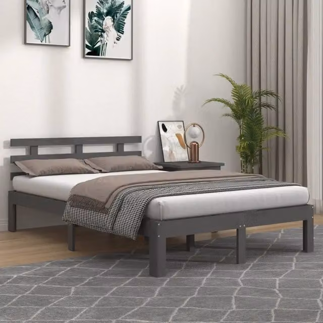 Letto King Size vidaXL in Legno di Pino Grigio con Doghe Fisse e Stile Rustico L/P/H: 150 x 200 x 151 cm – 1