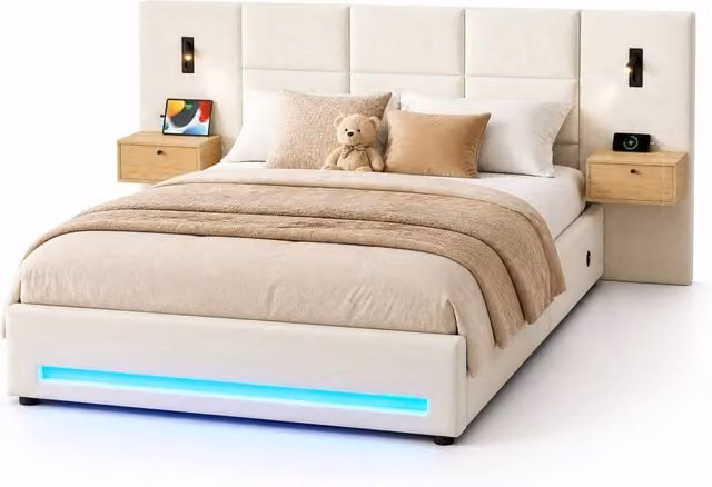Letto matrimoniale 180x200 cm con contenitore idraulico; LED e USB-C in velluto beige