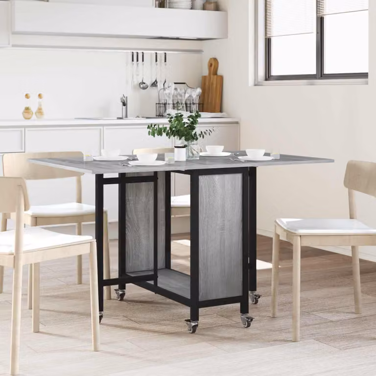 vidaXL Tavolo da pranzo pieghevole con ruote in legno e metallo grigio L: 130 cm, P: 80 cm, H: 76,5 cm