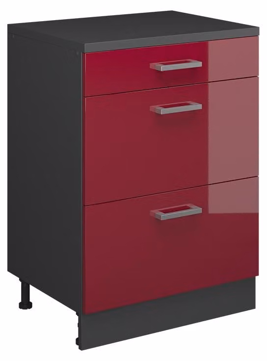 Mobile cucina sottotetto Vicco R-Line Rosso lucido 60 cm senza inclinazione con 3 cassetti, Model 61701
