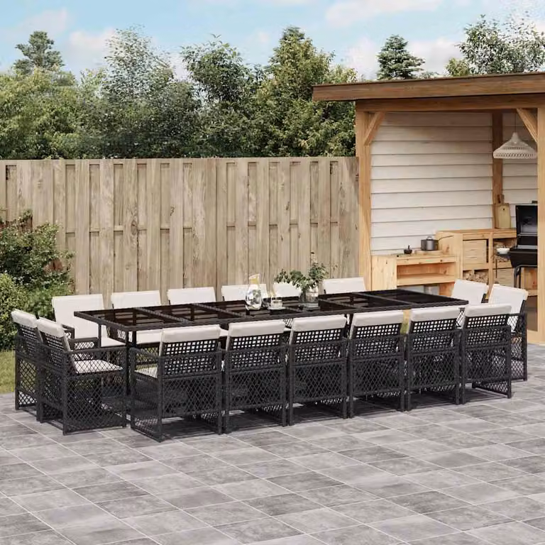 Set da pranzo da giardino vidaXL in polyrattan nero con cuscini e piano in vetro per 17 persone