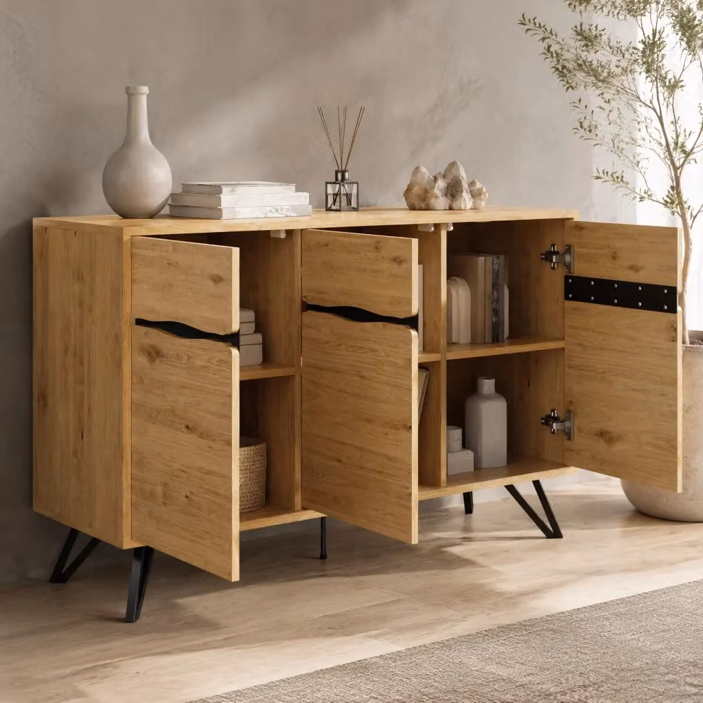 Madia MIVRAY a 3 ante con gambe in metallo, finitura effetto legno marrone e dettagli neri per soggiorno o sala da pranzo, L 140 cm x P 40 cm x H 75.5 cm – 2