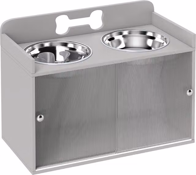 Stazione di alimentazione rialzata PawHut con 2 ciotole e armadietto, Grigio, L 60 x P 30 x H 46 cm