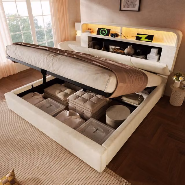 Letto Matrimoniale REDOM in Velluto Beige con Illuminazione LED e Porte USB L/P/H: 180 x 200 x 110 cm