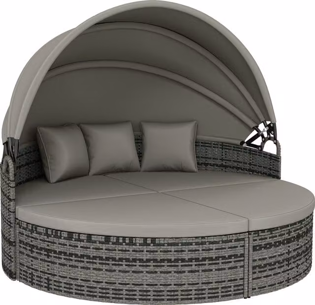 Lettino prendisole rotondo Outsunny in resina intrecciata con tenda parasole retrattile, set modulabile da 3 pezzi, grigio chiaro