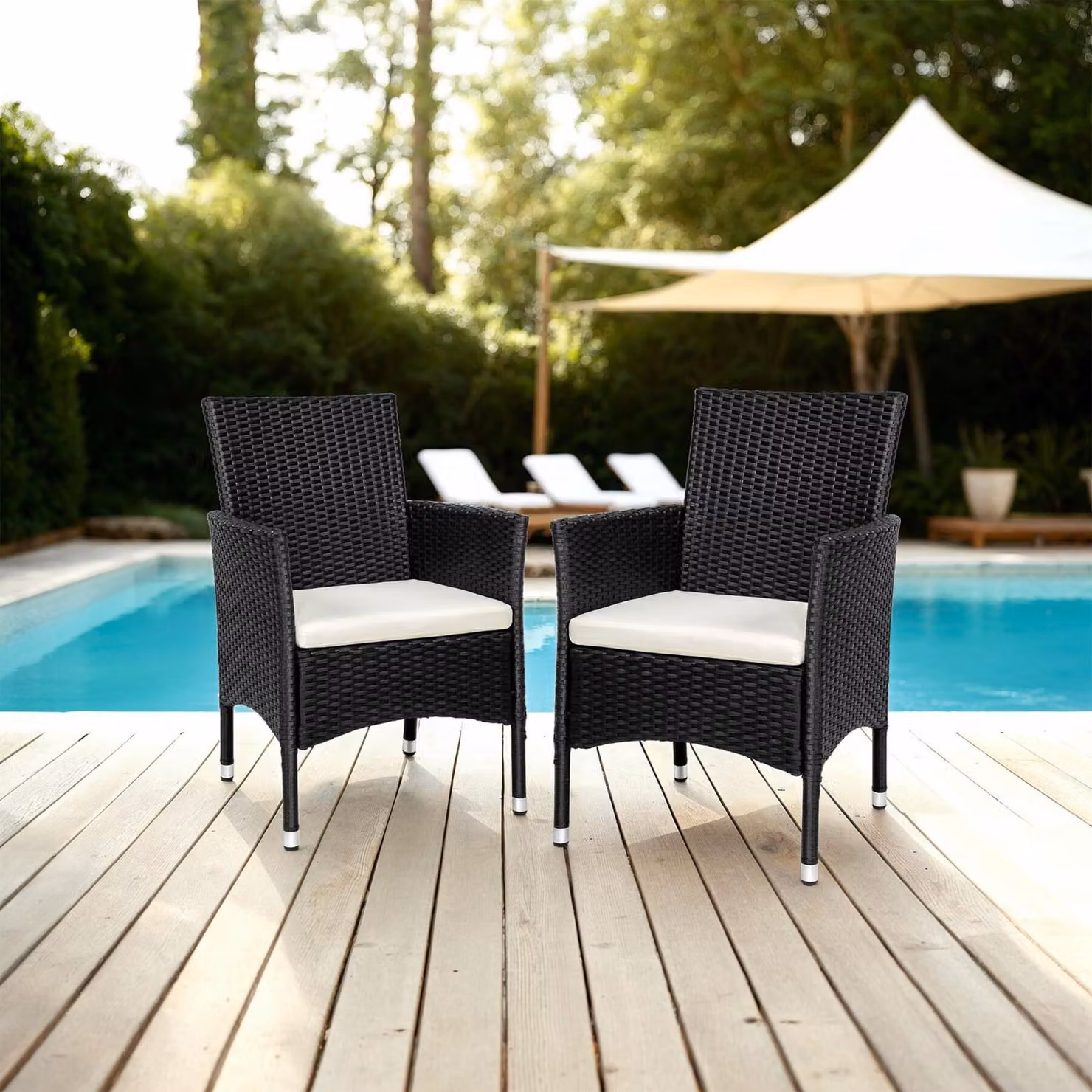 Set di 2 sedie da giardino in polyrattan TecTake con 4 rivestimenti di ricambio nero e beige – 1