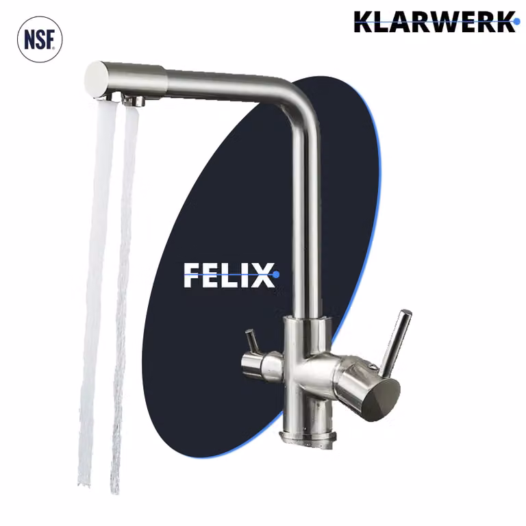 KLARWERK® Felix | Rubinetto con filtro a 4 vie a bassa pressione in acciaio inossidabile argento | 4 attacchi, rubinetto a 3 vie per boiler da cucina | Miscelatore per osmosi NSF