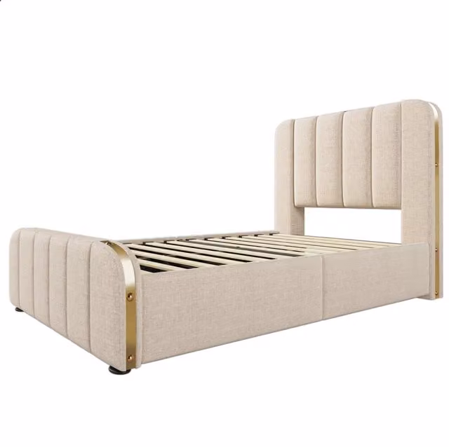Letto singolo imbottito beige in lino 90x200 cm con testiera decorata, 4 cassetti e porta USB Tipo-C