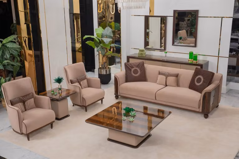 Beiges Wohnzimmer-Set 3-Sitzer Sofa 2x Lehnsessel Holz Couchtisch
