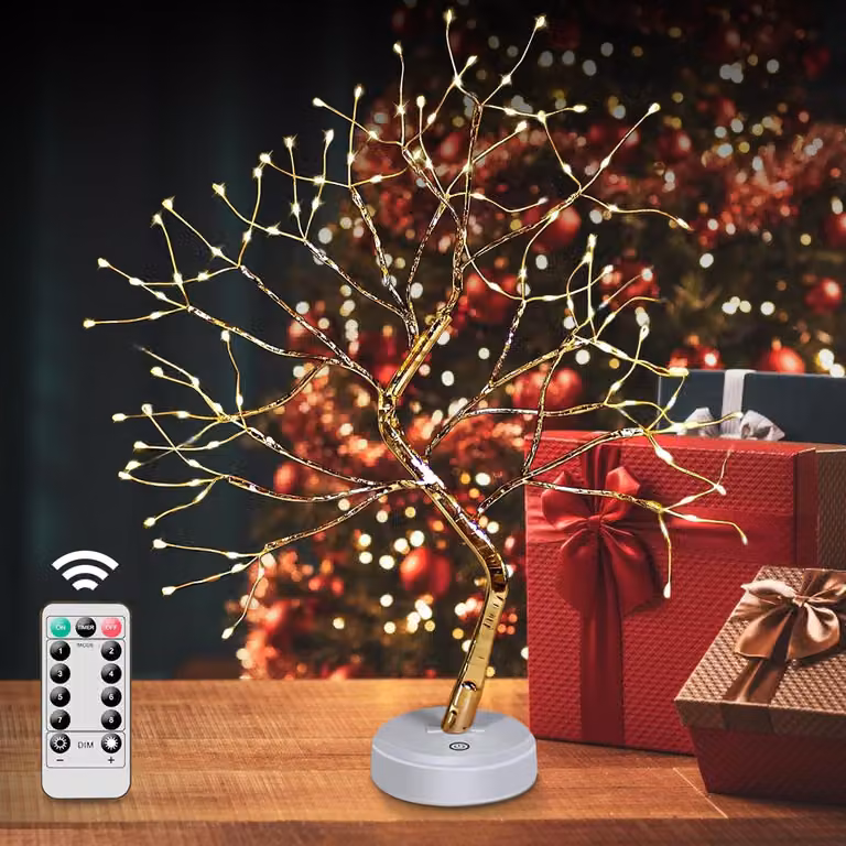 Albero di Natale a LED in stile bonsai, con rami regolabili, luce bianco caldo, color oro, dotato di telecomando