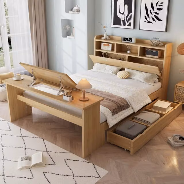 Letto multifunzione 140x200 cm con contenitore; tavolino pieghevole e testiera; naturale
