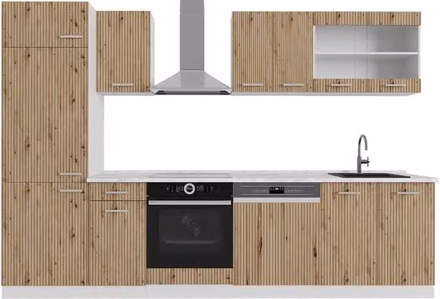 Cucina componibile moderna Vicco R-Line in rovere e bianco con piano in marmo, L: 300 cm