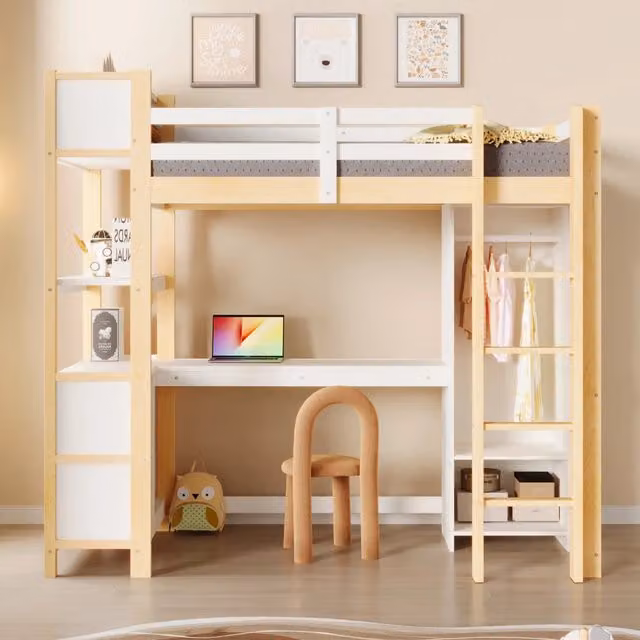 Letto a soppalco 90x200 cm con scrivania; scaffali e armadio in pino e MDF; bianco e naturale