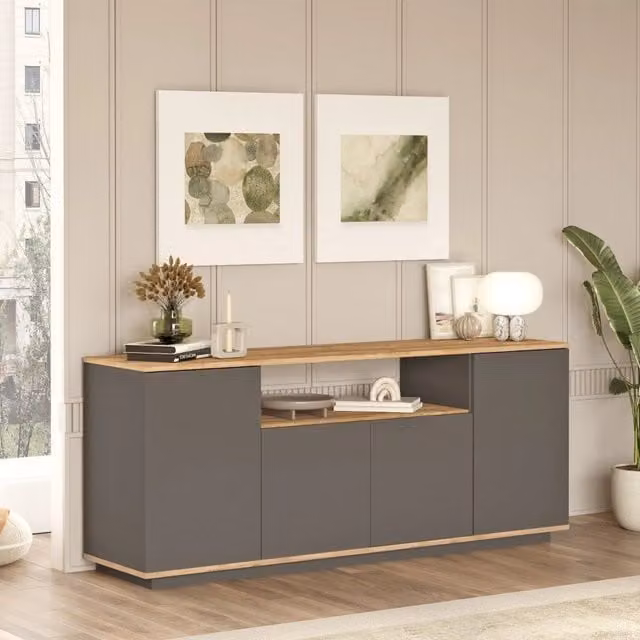 Madia Cisliano, Credenza 3 Ripiani, 180x45x75h cm Nero Antracite