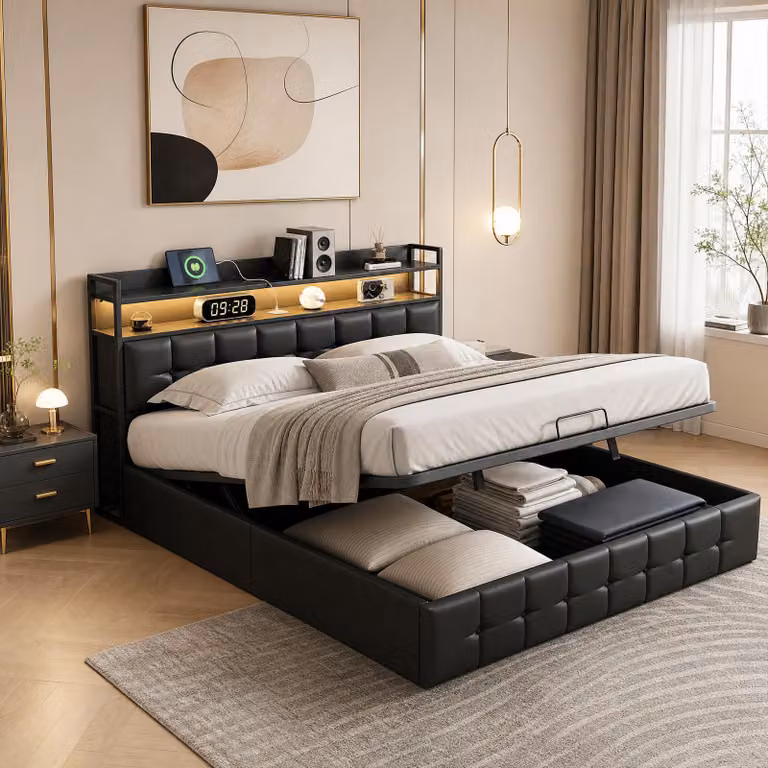 Letto imbottito INONEFT, 160x200 cm, letto per ragazzi con LED/USB, letto matrimoniale con testiera, letto box con sistema idraulico, letto contenitore con rete a doghe, rivestito in PU, colore nero